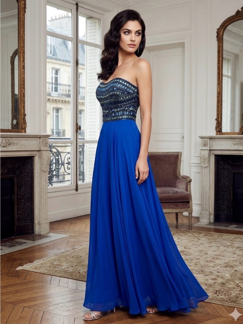 Sherri Hill Strapless Beaded Navy and Royal Blue Evening Gown